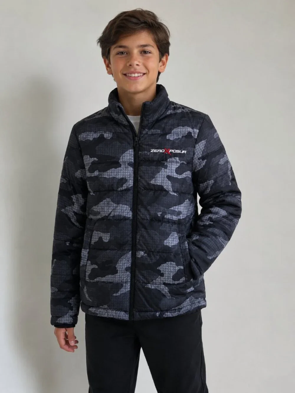 ZeroXposur Kids Puffer Jacket Gray Black Camo Warm Winter Coat Size M 10-12